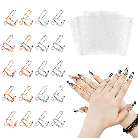 20Pcs Size Adjustable Wudu Rings with 120Pcs Adhesive Nail Tabs, Reusable Detachable Rings for Halal Nail, Muslim Wearing Manicure (Rose Gold, Silver)