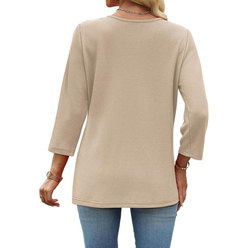 OFEEFAN Women Blouses Dressy Casual 3/4 Length Sleeve Tops plus Size Fall Clothes Lace Crochet Trendy Waffle Shirts