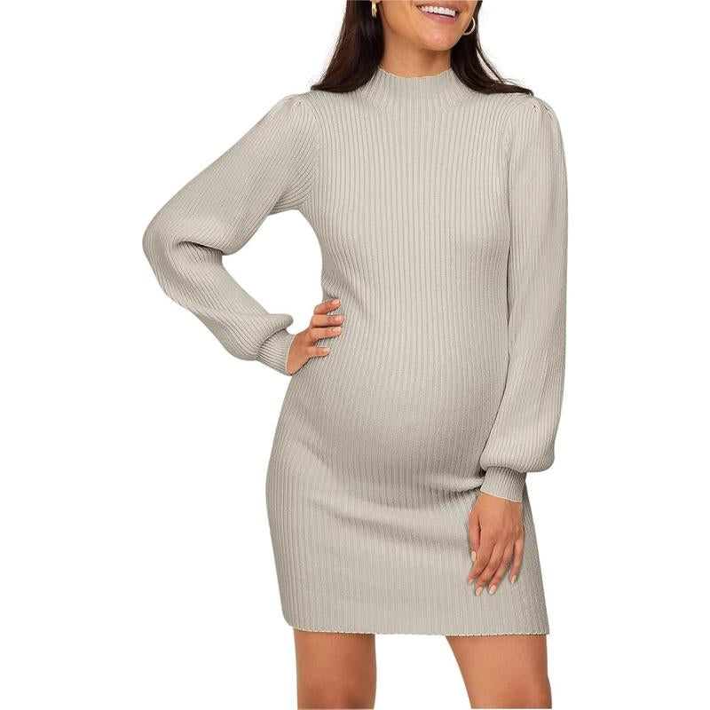 Wenrine Maternity Sweater Dress for Pregnant Women Turtleneck Puff Sleeve Knit Slim Fit Bodycon Mini Dress