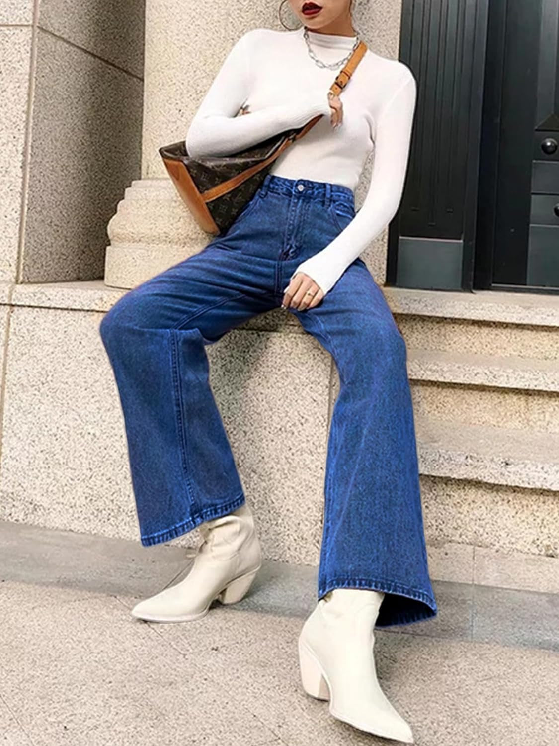 Baggy Wide Leg Jeans for Women High Waisted Trendy Flare Jeans Boyfriend Denim Pants with Patch Pockets