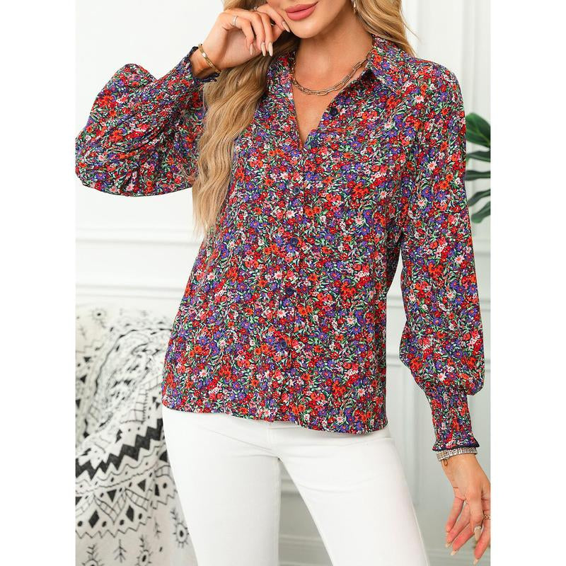 Dokotoo Women'S Casual V Neck Allover Floral Print Long Sleeve Chiffon Button down Blouses Bohemian Top Shirts Elegant Chic