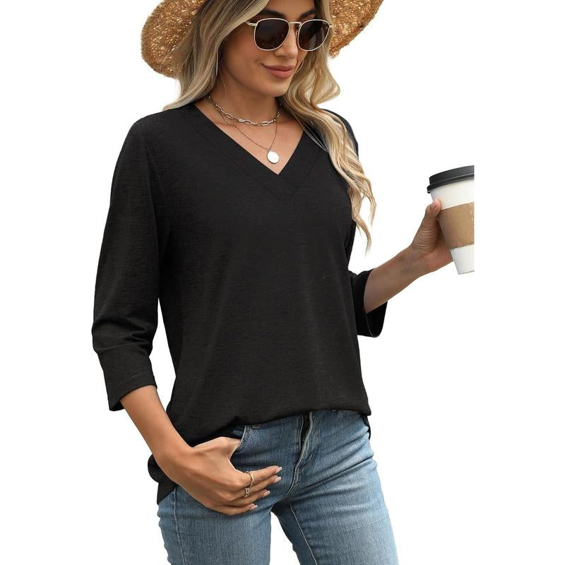 WIHOLL 3/4 Length Sleeve Womens Tops V Neck Casual Tunic Tops Basic Shirts Loose Fit Blouse