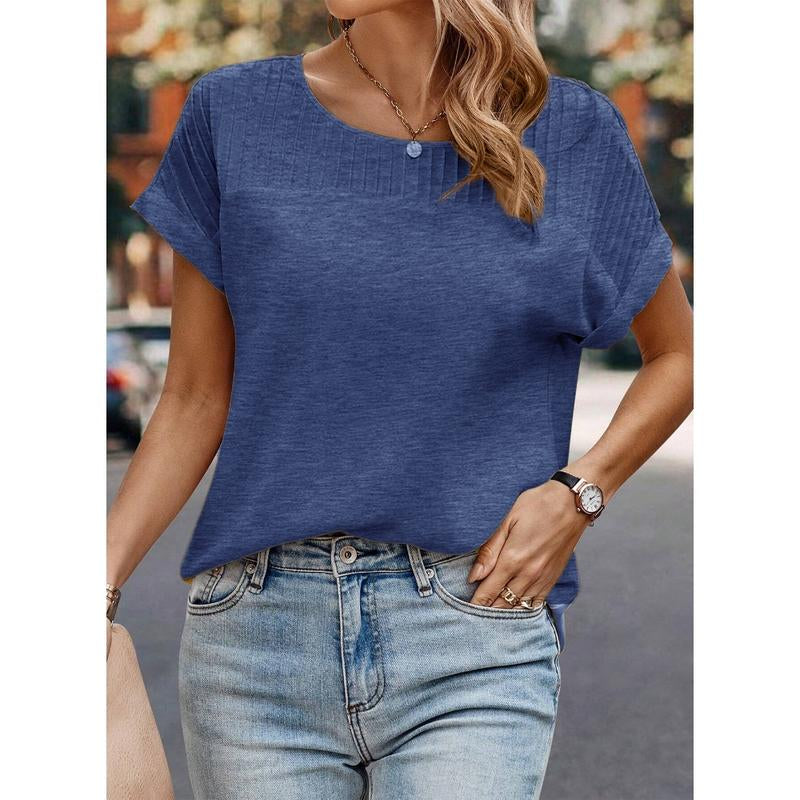 Dokotoo Womens Tops Trendy Crewneck Short Sleeve Summer T Shirts Casual Solid Loose Basic Pleated Blouses
