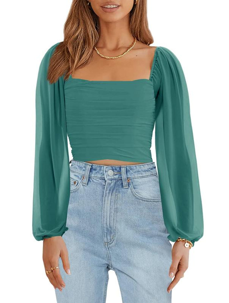 Tankaneo Women'S Summer Mesh Long Sleeve Tops Square Neck Ruched Party Club Casual Crop Blouse Shirt RP5408