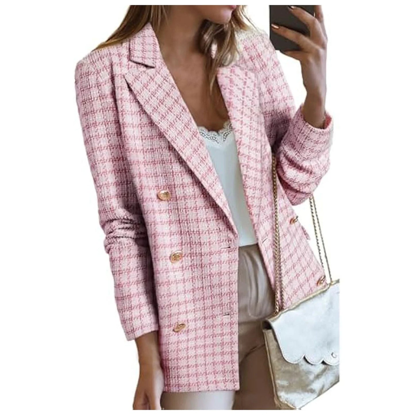 Womens Tweed Blazers Casual Jackets Long Sleeve Double Open Front Plaid Blazer Jackets Work Suits(Pink,M)