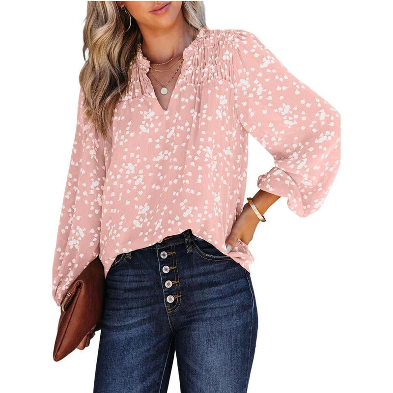 Dokotoo Women'S Casual V Neck Alicia Floral Print Smocked Long Sleeve Chiffon Blouses Bohemian Top Shirts