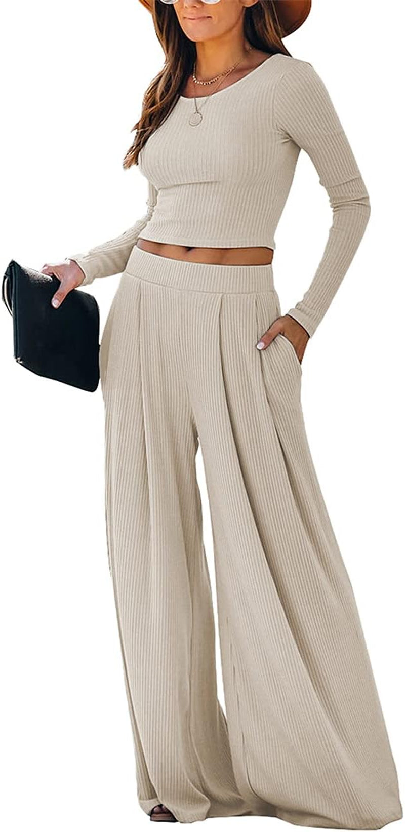 Wide Leg Pant Suits for Women Elegant 2 Piece Solid Outfits Long Sleeve Crop Top High Waist Long Pants with Pockets