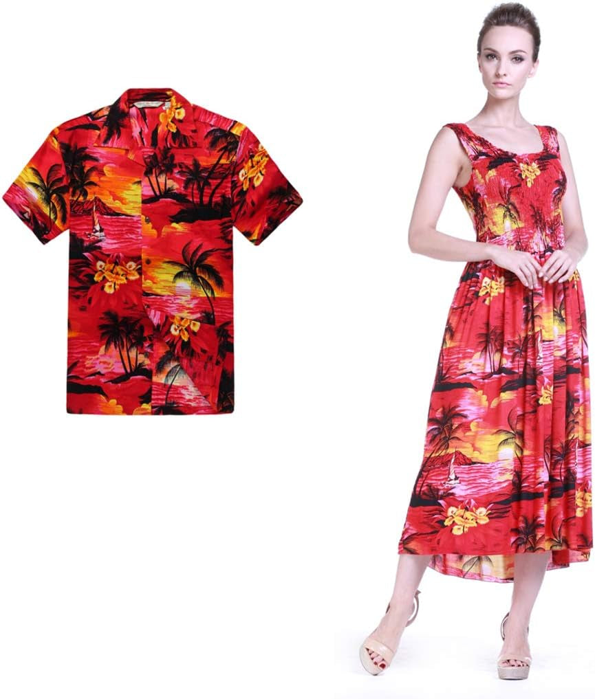 Couple Matching Hawaiian Luau Aloha Shirt Maxi Tank Dress in Sunred