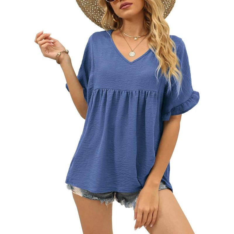 WIHOLL Womens Tops Casual V Neck Ruffle Sleeve T Shirts Babydoll Loose Fit Peplum Tops