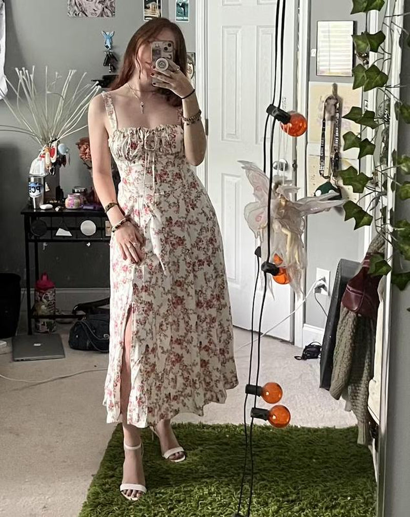 Women'S Floral Print Tie-Up Sleeveless Slit Thigh Dress, Casual Fashion Off-The-Shoulder A-Line Milkmaid Dress, Suitable for Spring and Summer, Beach Vacation