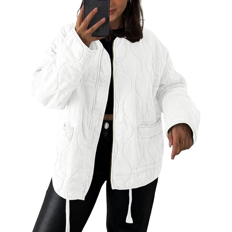 Womens Collarless Lightweight Quilted Jackets Casual Oversized Puffer Coats Zip up Drawstring Outerwe