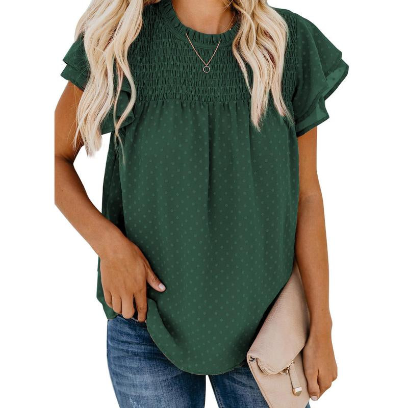 Dokotoo Womens Crewneck Lace Crochet Pom Pom Flowy Short Sleeve Casual Shirts Blouses Tops Summer Fit Denim Fashion Women'S Summer Outfits