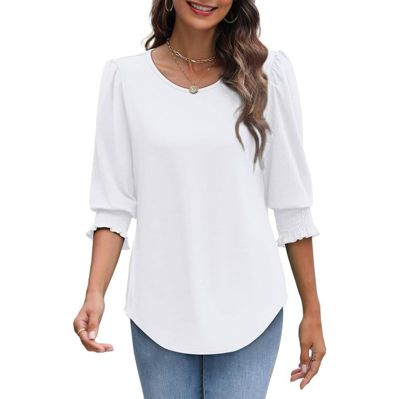 WIHOLL Blouses for Women Dressy Casual 3/4 Length Sleeve Womens Tops with Smocked Cuffs