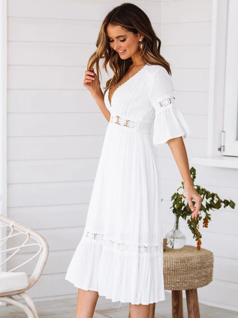 Summer White Long Dress Women Boho Hollow Out Patchwork Dress Short Sleeve V-Neck Loose Dress Fashion Casual Elegant Woman Dress