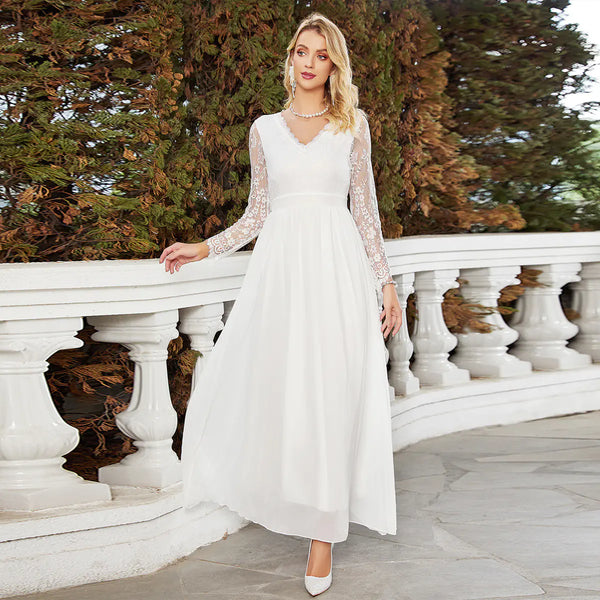 Slim White Lace V-neck Wedding Fashion Dress