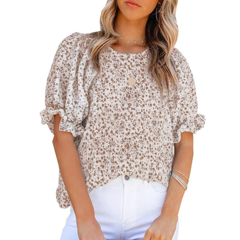 Dokotoo Floral Print Blouses for Women Crewneck Smocked Puff Sleeve Shirts Casual Babydoll Tops