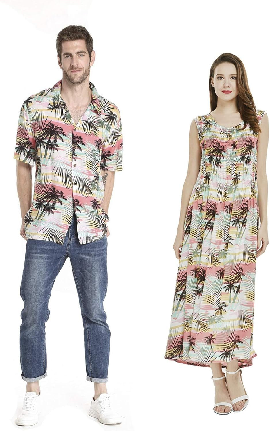 Couple Matching Hawaiian Luau Aloha Shirt Maxi Tank Dress in Sunred