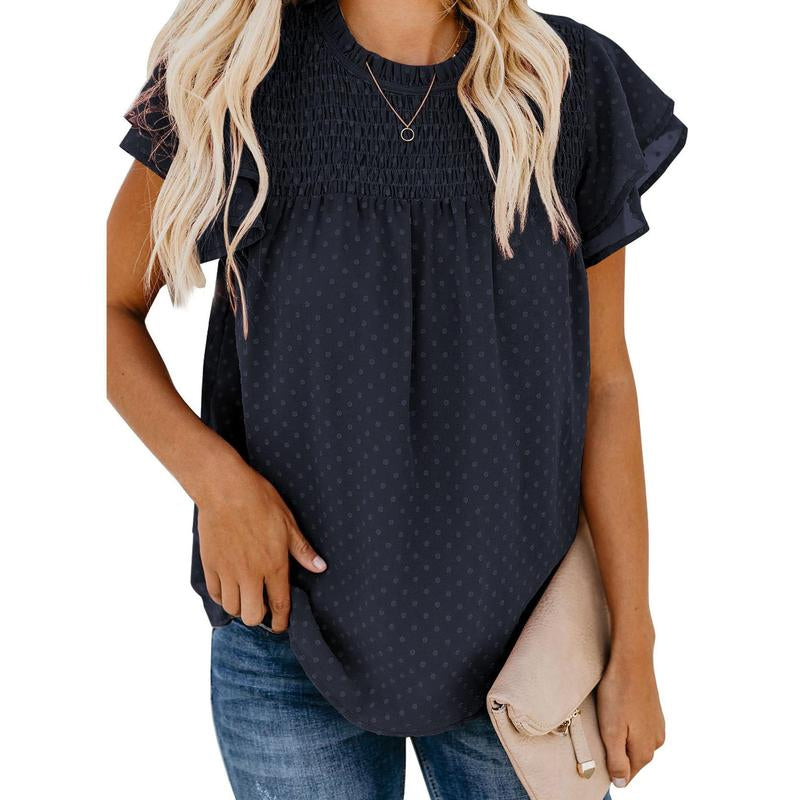 Dokotoo Womens Crewneck Lace Crochet Pom Pom Flowy Short Sleeve Casual Shirts Blouses Tops Summer Fit Denim Fashion Women'S Summer Outfits