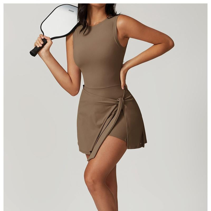 Women'S Tennis Dress with Built-In Shorts, Ruffle Side Slit and Tie Front Design - Sleeveless Athletic Dress for Summer Workouts Exercise Sport