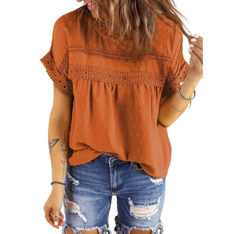Dokotoo Womens Summer Tops Crewneck Lace Crochet Short Sleeve Shirts Casual Chiffon Blouses