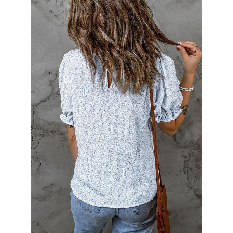 Dokotoo Floral Print Blouses for Women Crewneck Smocked Puff Sleeve Shirts Casual Babydoll Tops