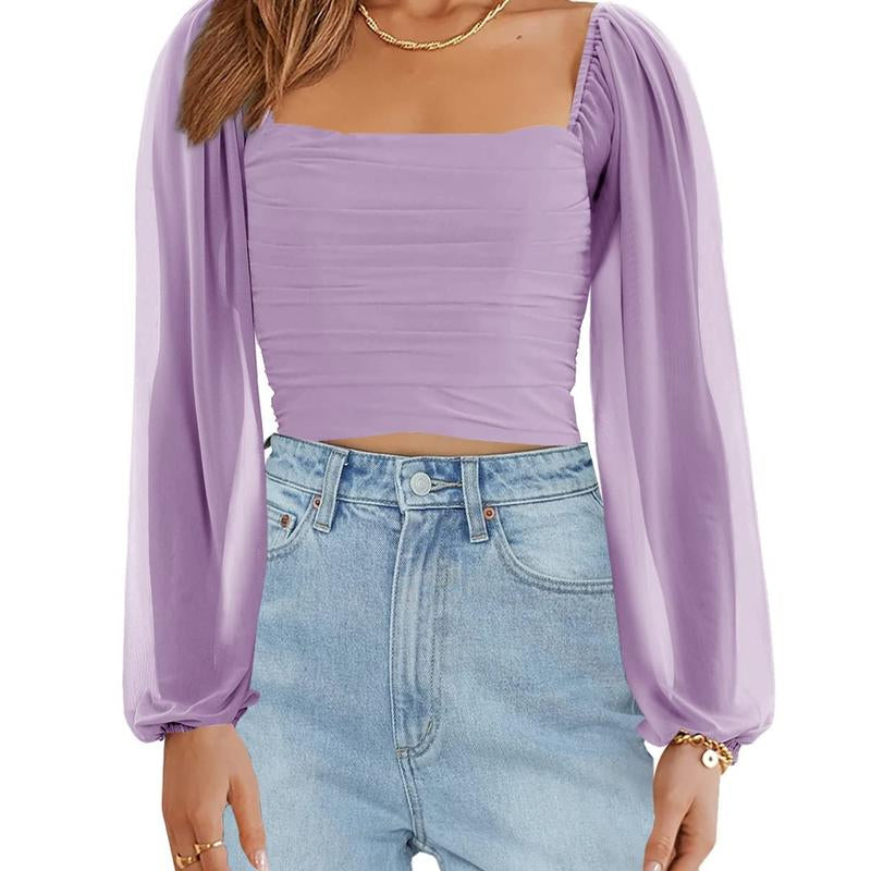 Tankaneo Women'S Summer Mesh Long Sleeve Tops Square Neck Ruched Party Club Casual Crop Blouse Shirt RP5408