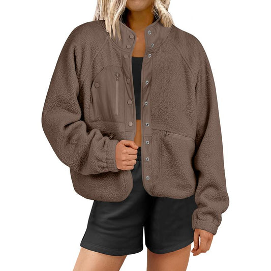 ANRABESS Womens Fleece Jacket Button down Shacket Casual Sherpa Cropped Coats Warm Outwear with Pockets