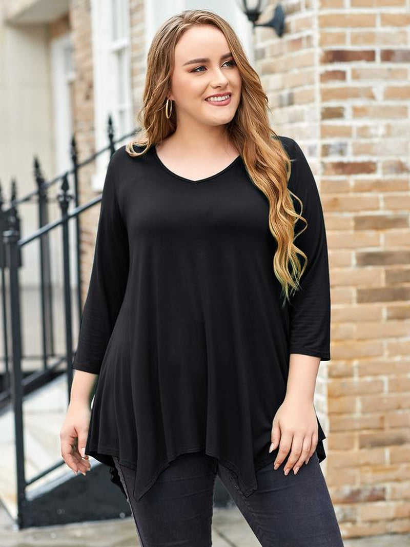 LARACE plus Size Tops for Women 3/4 Sleeve Christmas Crewneck Blouses Shirts Tunic Womenswear Asymmetrical Plussize Basic Top Dress Flowy Fabric Fit Christmas Clothes Blouse Women Tops Basic Minimalist Christmas T-Shirts Comfortable Tops Outfits Suits