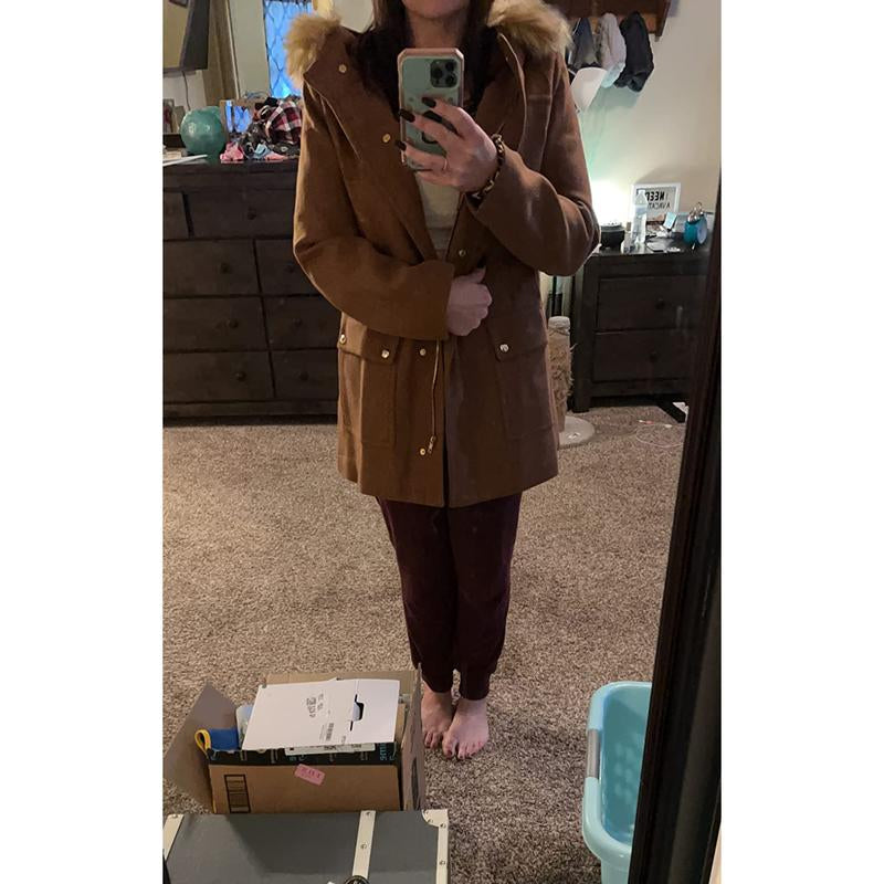 Goranbon Womens Coats Fall Winter Mid Length Thick Warm Pea Coat Elegant Faux Wool Coat with Detachable Hat Jacket Outerwear