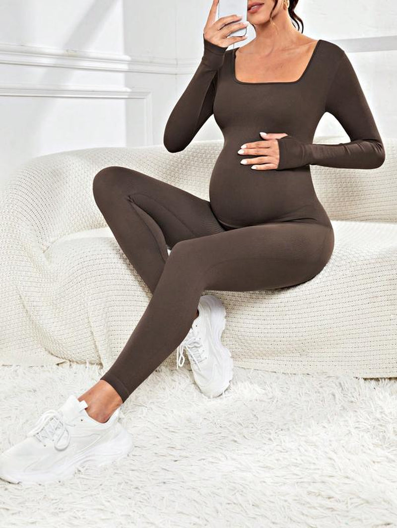 Maternity Seamless Yoga Jumpsuits Women'S One Piece Ribbed Square Neck Long Sleeved Romper with Workout Features