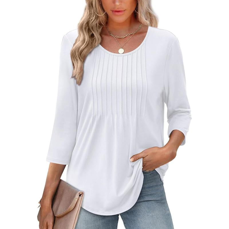WIHOLL 3/4 Length Sleeve Womens Tops 2025 Crewneck Casual Pleated Tunic Tops Loose Fit Shirts Blouses Curved Hem