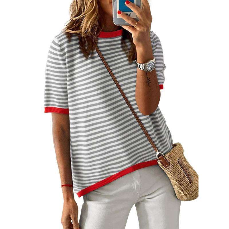 Dokotoo Womens Tops Casual Summer Crewneck Short Sleeve Striped Color Block Knit High Low Trendy Pullover Sweaters