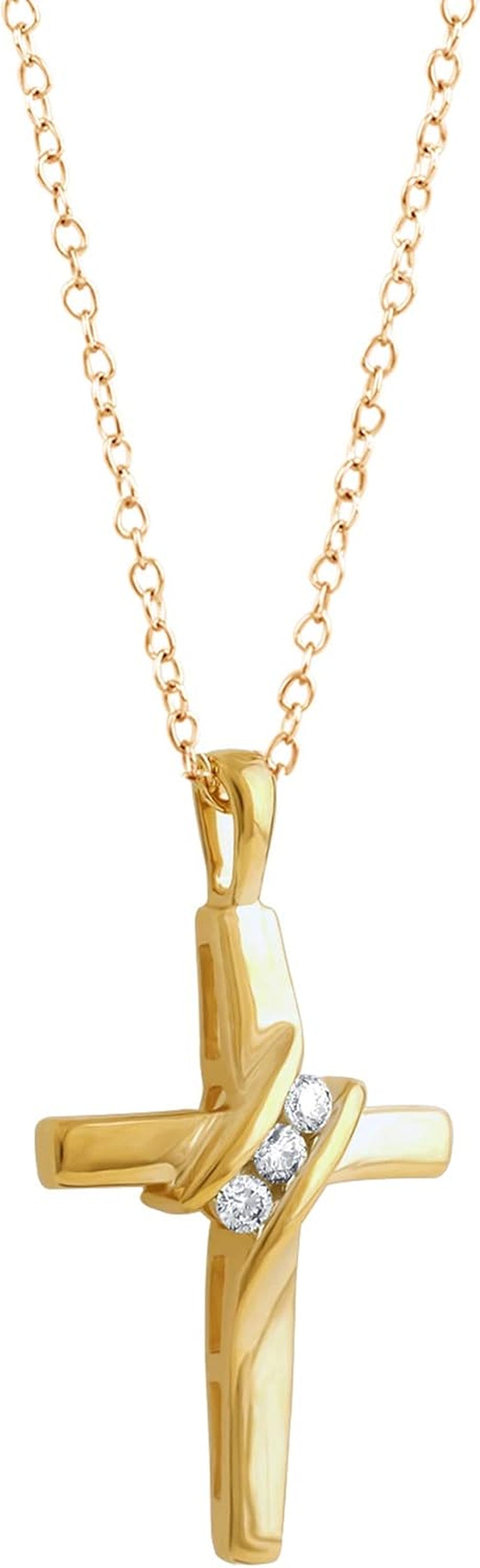 10K Diamond Three-Stone Cross Pendant Necklace Religious Jewelry (0.05Cttw, I-J/I2-I3) 18"