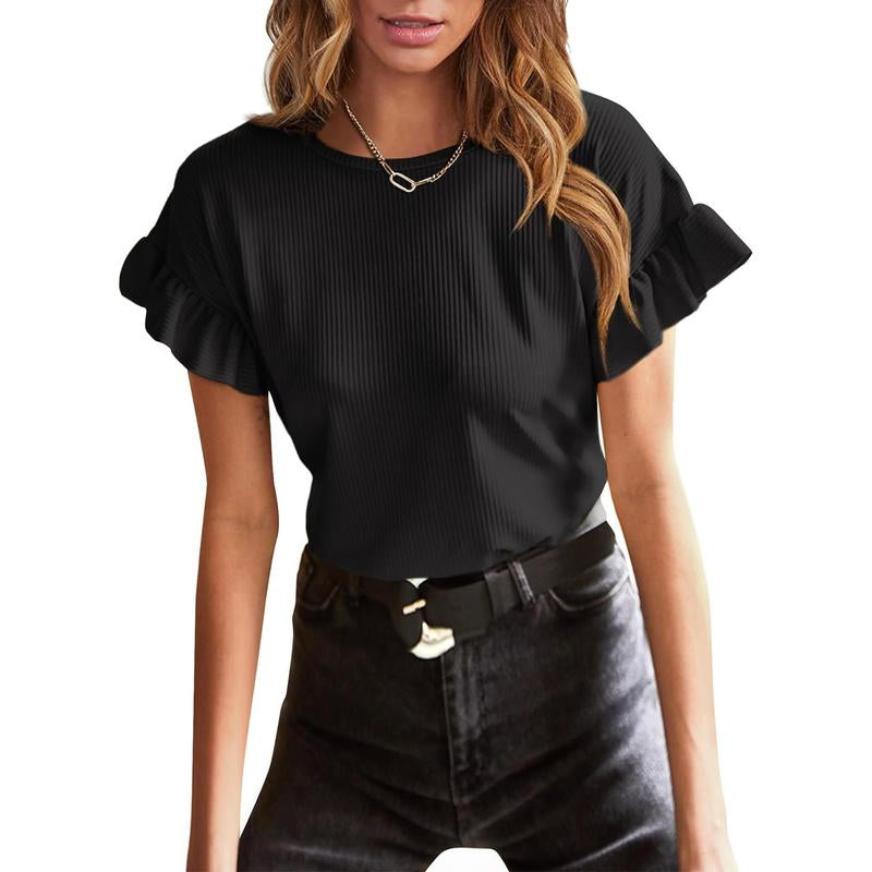 EVALESS Womens Short Sleeve Casual Camisole T Shirts Summer Ruffle Plain Crewneck Knitter Comfort Loose Fitted Basic Tee Tops Womenswear