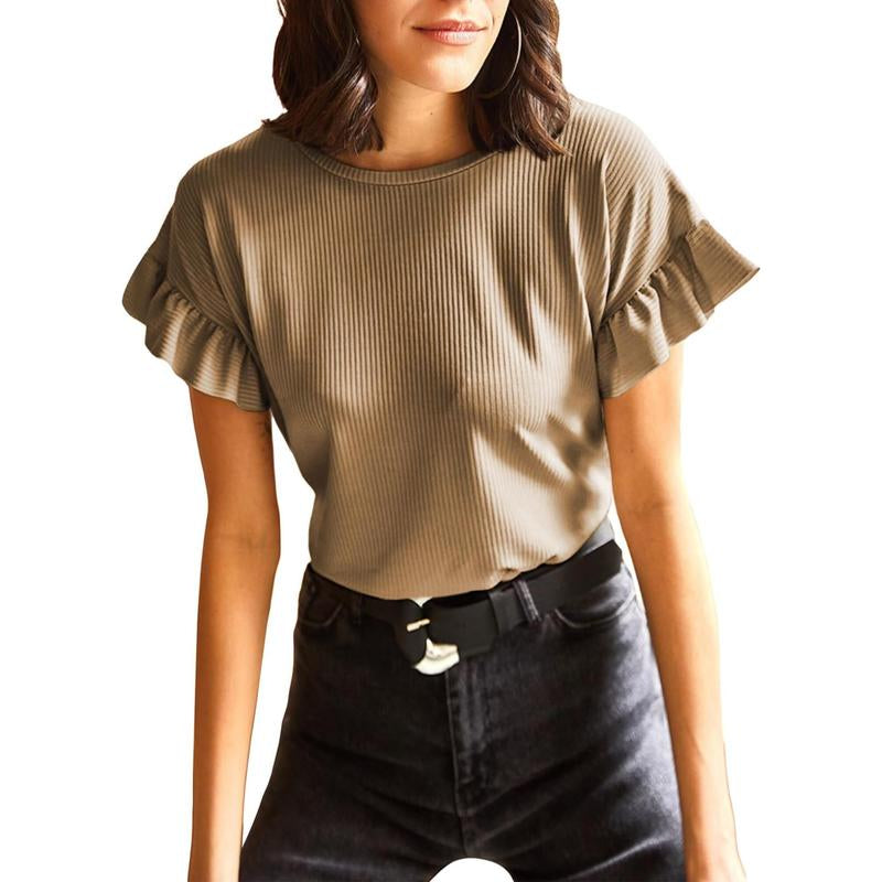 EVALESS Womens Short Sleeve Casual Camisole T Shirts Summer Ruffle Plain Crewneck Knitter Comfort Loose Fitted Basic Tee Tops Womenswear