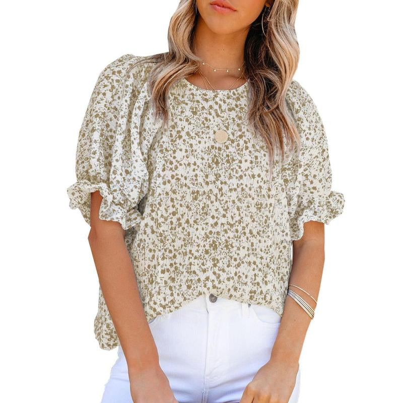 Dokotoo Floral Print Blouses for Women Crewneck Smocked Puff Sleeve Shirts Casual Babydoll Tops