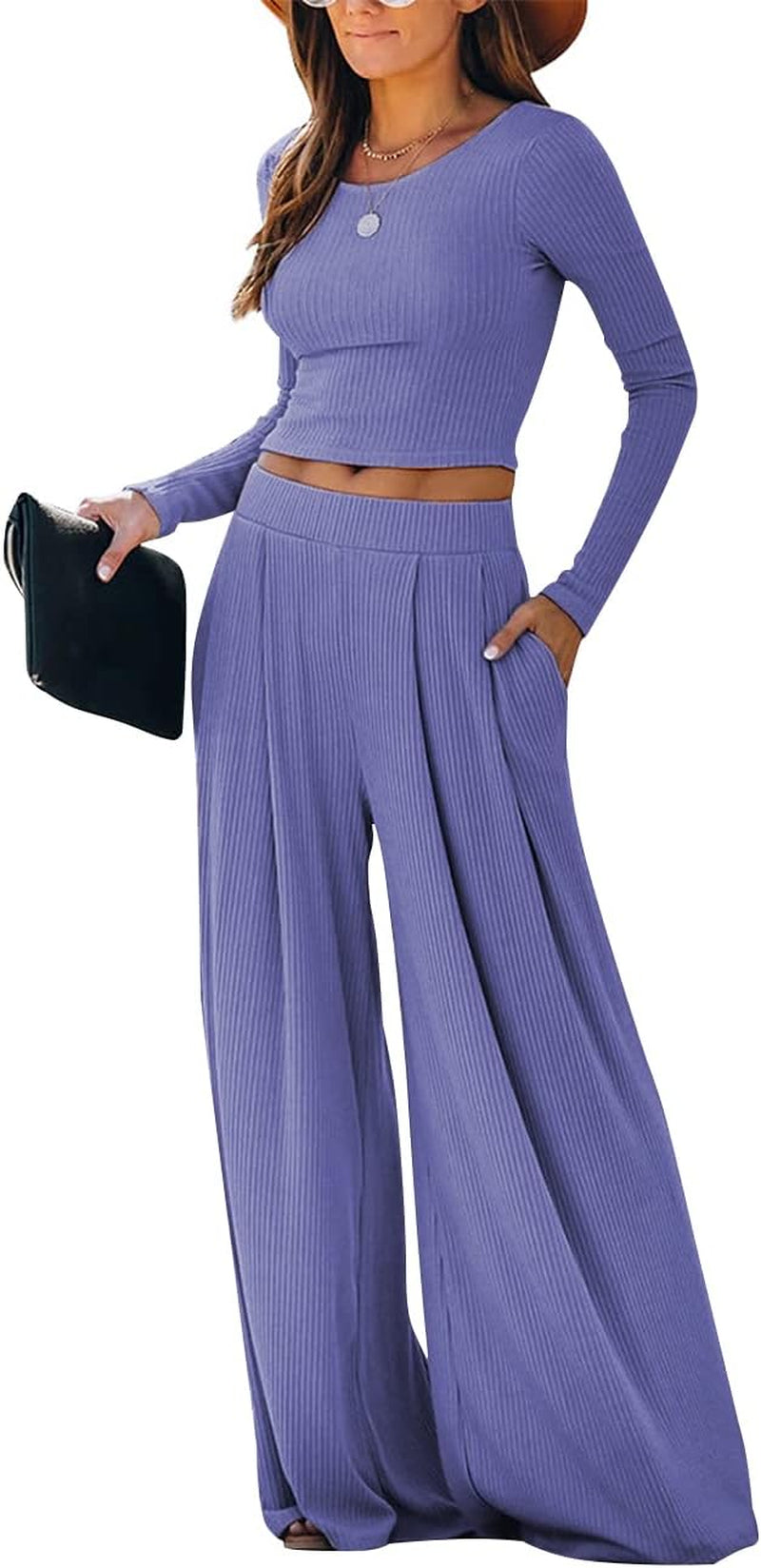 Wide Leg Pant Suits for Women Elegant 2 Piece Solid Outfits Long Sleeve Crop Top High Waist Long Pants with Pockets
