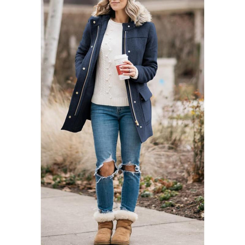 Goranbon Womens Coats Fall Winter Mid Length Thick Warm Pea Coat Elegant Faux Wool Coat with Detachable Hat Jacket Outerwear