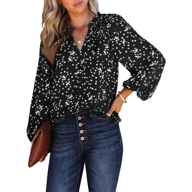 Dokotoo Women'S Casual V Neck Alicia Floral Print Smocked Long Sleeve Chiffon Blouses Bohemian Top Shirts