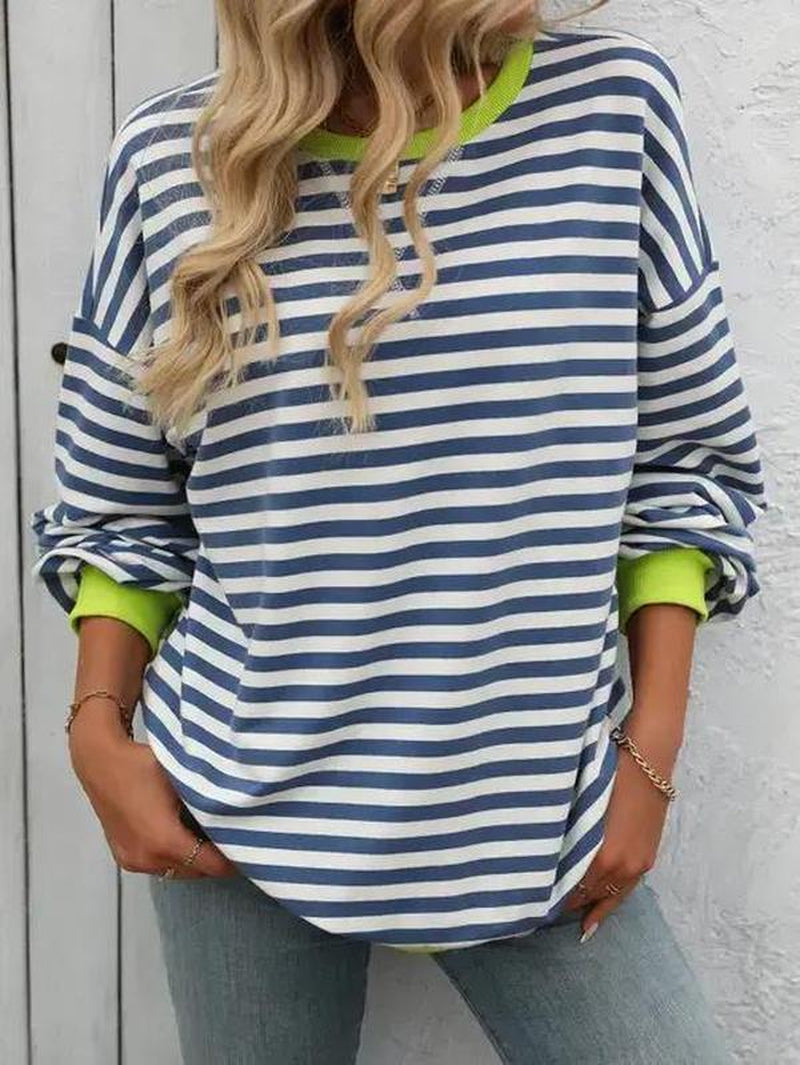 Colorblocked Striped Piping Pullover Sweatshirt Clothing Women Womens Tops