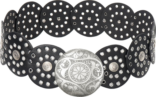 HIQUACC Wide Disc Belt for Women Vintage Leather Hollow Out Round Belt Western Waist Belt (Silver Black M)