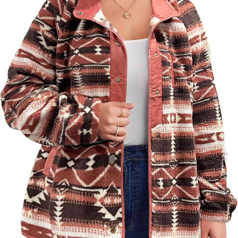 IN'VOLAND plus Size Womens Fleece Jacket Western Aztec Print Long Sleeve Snap Button down Shacket with Pockets