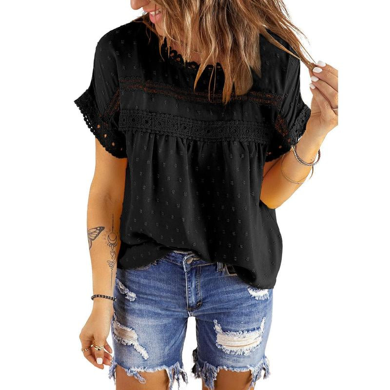 Dokotoo Womens Summer Tops Crewneck Lace Crochet Short Sleeve Shirts Casual Chiffon Blouses