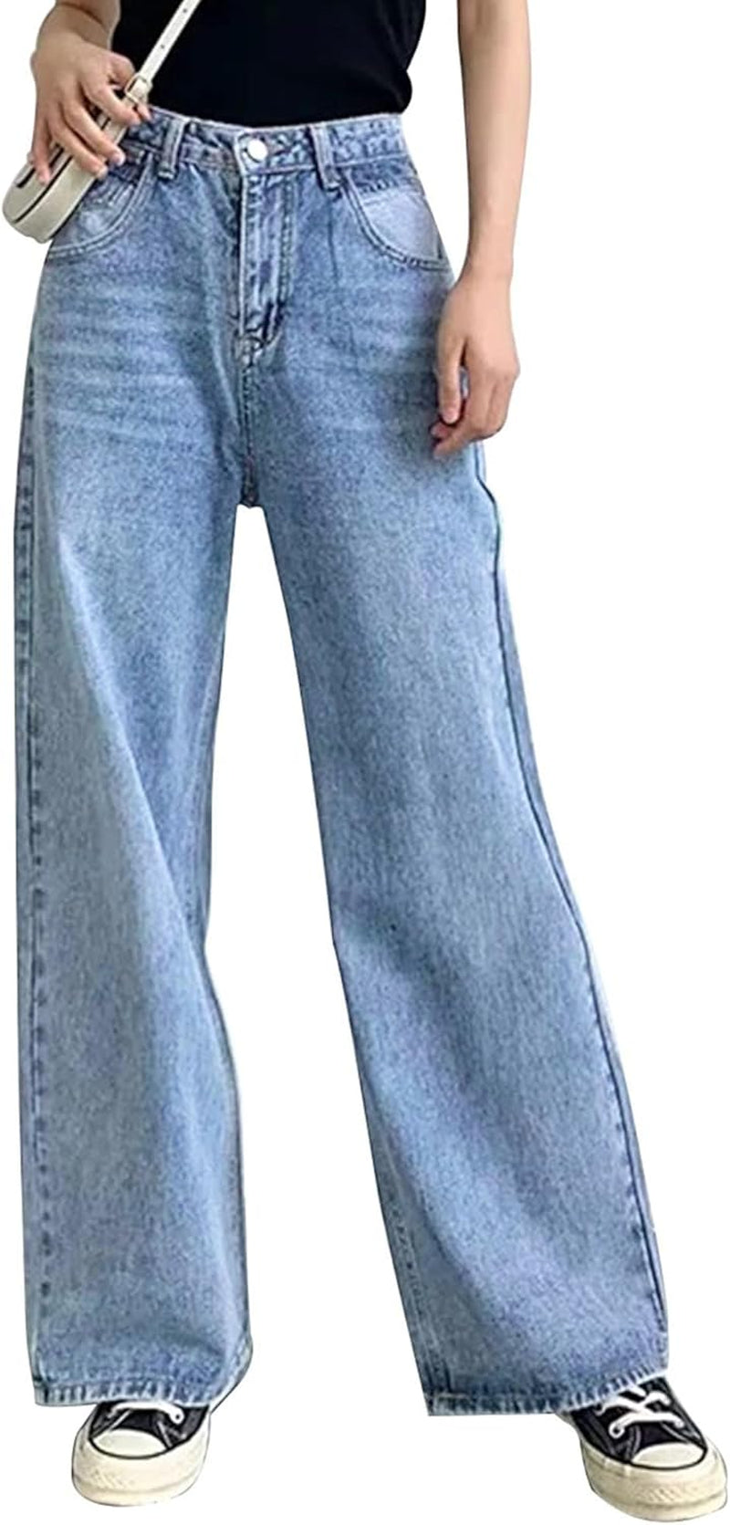 Baggy Wide Leg Jeans for Women High Waisted Trendy Flare Jeans Boyfriend Denim Pants with Patch Pockets