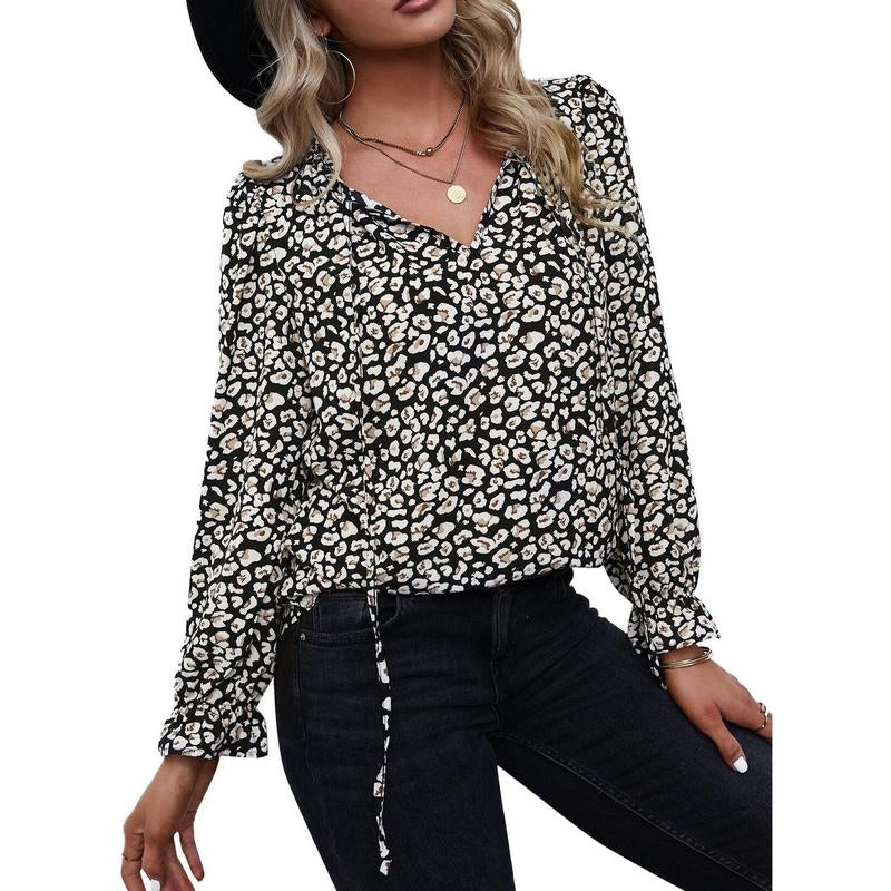 Dokotoo Women'S Casual Boho Floral Printed V Neck Tops Drawstring Short Long Sleeve T Shirt Blouses