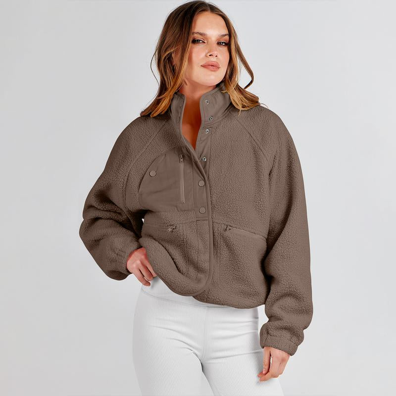 ANRABESS Womens Fleece Jacket Button down Shacket Casual Sherpa Cropped Coats Warm Outwear with Pockets