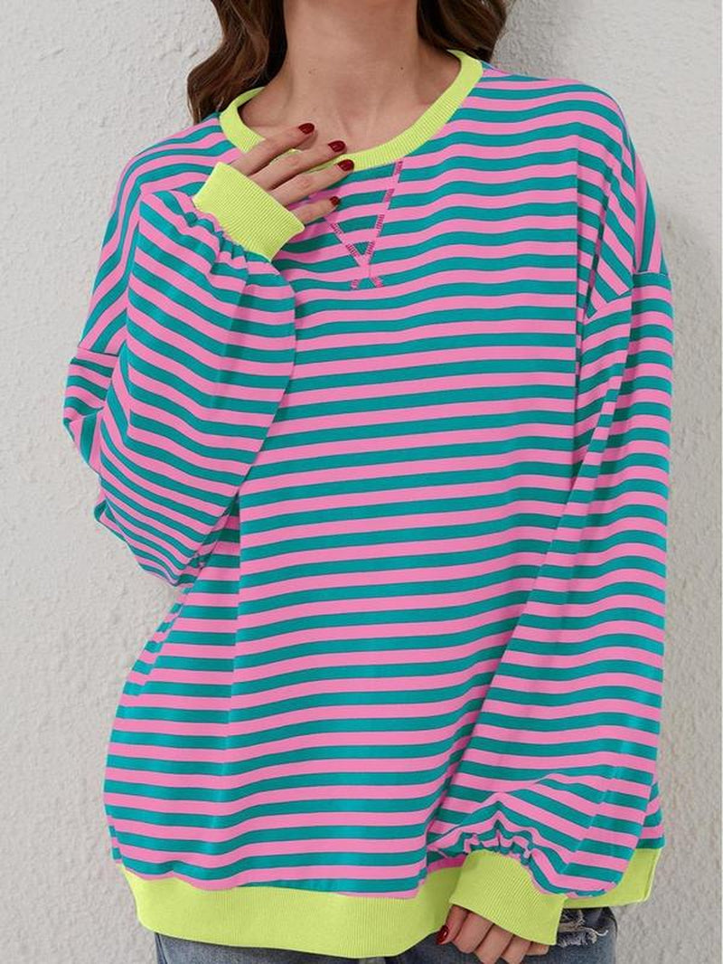 Colorblocked Striped Piping Pullover Sweatshirt Clothing Women Womens Tops