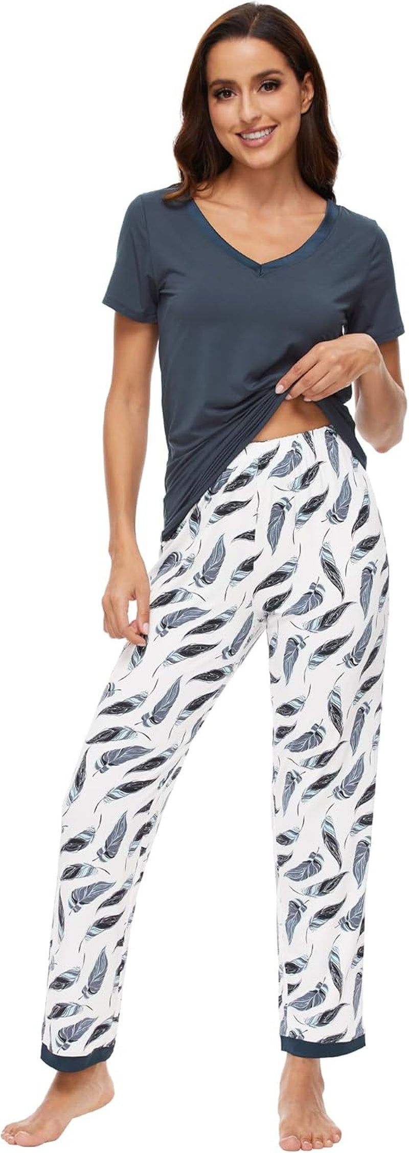 Womens Viscose Bamboo Pajamas Set Super Soft Short Sleeve Top with Pants Pjs Cooling V Neck Sleepwear Lightweight S-3X