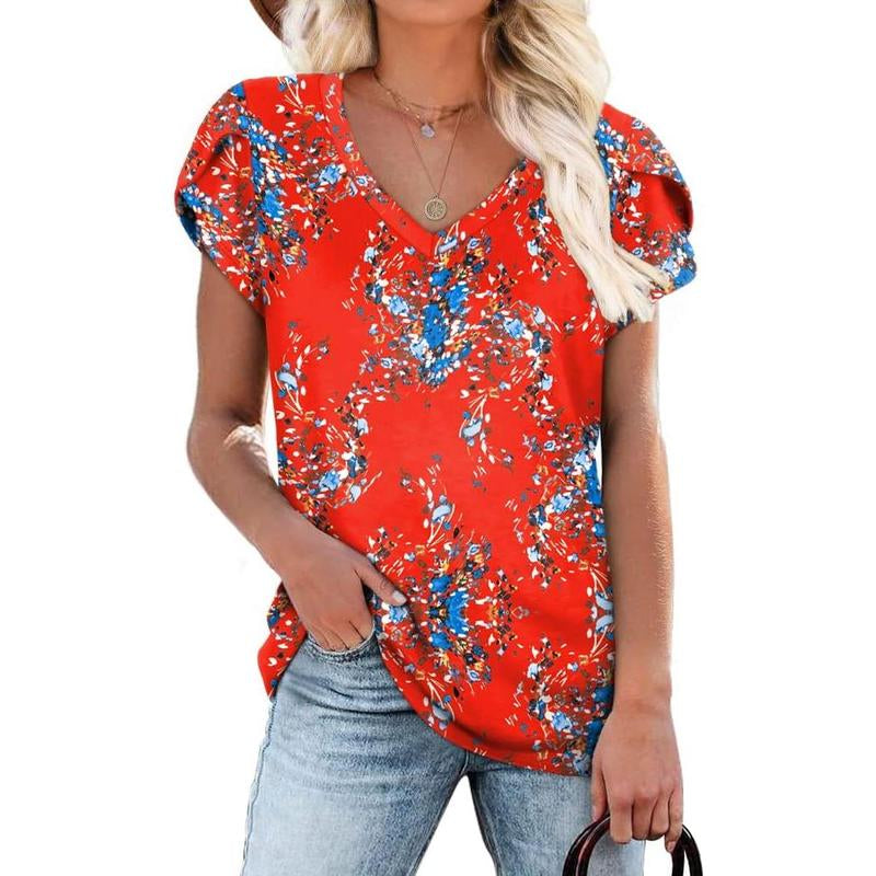 WIHOLL Womens Tops V Neck Summer Petal Sleeve Casual Tshirts