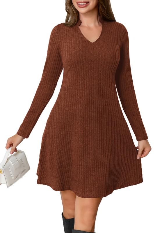 MarryUP Long Sleeve Casual Dress for Women V Neck Knee Length Tunic Sweater Fall Dress 2024 Caramel 2XL